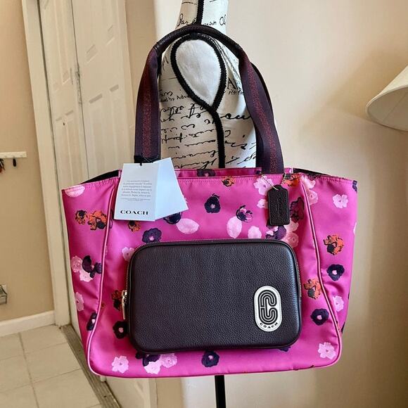 COACH TOTE BAG HOT PINK FLORAL LEATHER ACCENTS CARRY ALL VERSATILE ZIP AROUND - Picture 2 of 6